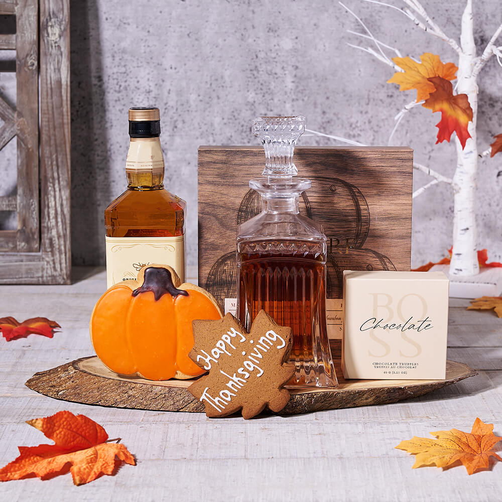 The Thanksgiving Spirits & Snacks Platter, liquor gift, liquor, gourmet gift, gourmet, decanter gift, decanter, thanksgiving gift, thanksgiving, fall gift,