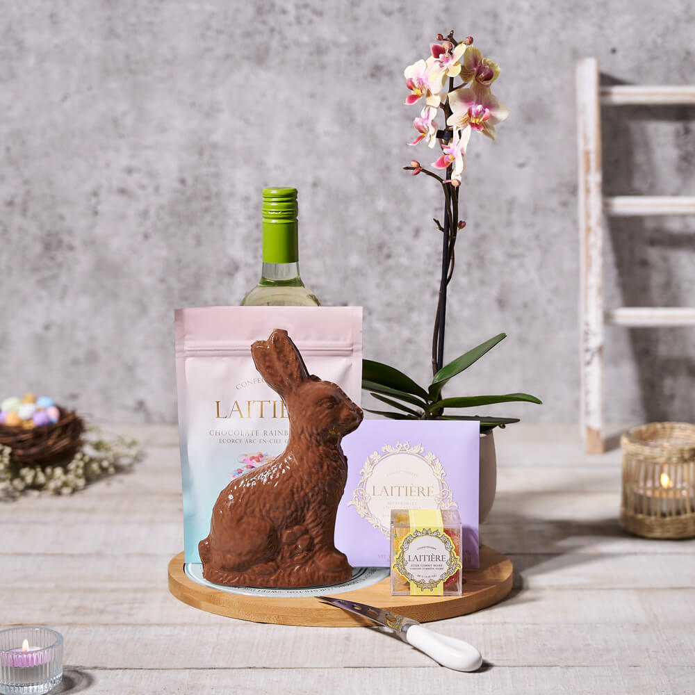 Wine, Orchid and Easter Bunny Gift, wine gift, wine, orchid gift, orchid, chocolate gift, chocolate, gourmet gift, gourmet, easter gift, easter Hazelton's