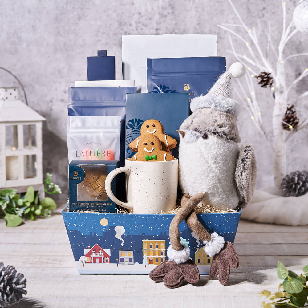 Speckled Mug with Holiday Treats Basket – how the gift is presented