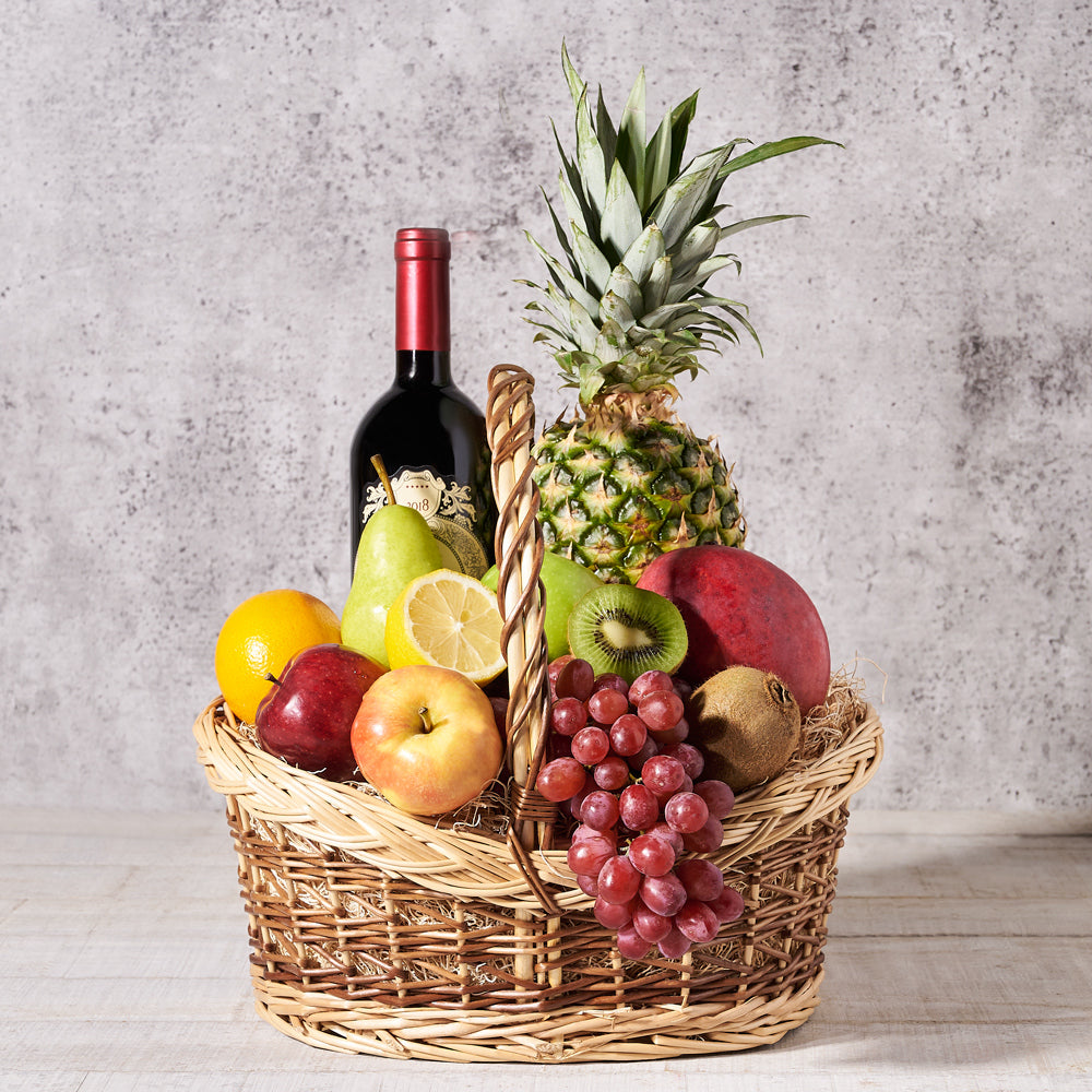 Seasonal Fresh Fruit and Wine Basket – how the gift is presented