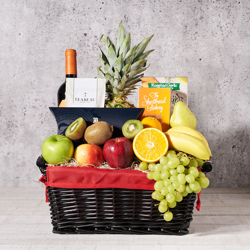 Wine and Assorted Fruit Gift Basket – how the gift is presented