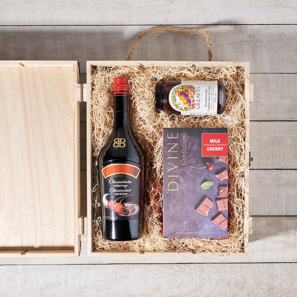 Liquor Gift Basket with Cherry Jam – how the gift is presented