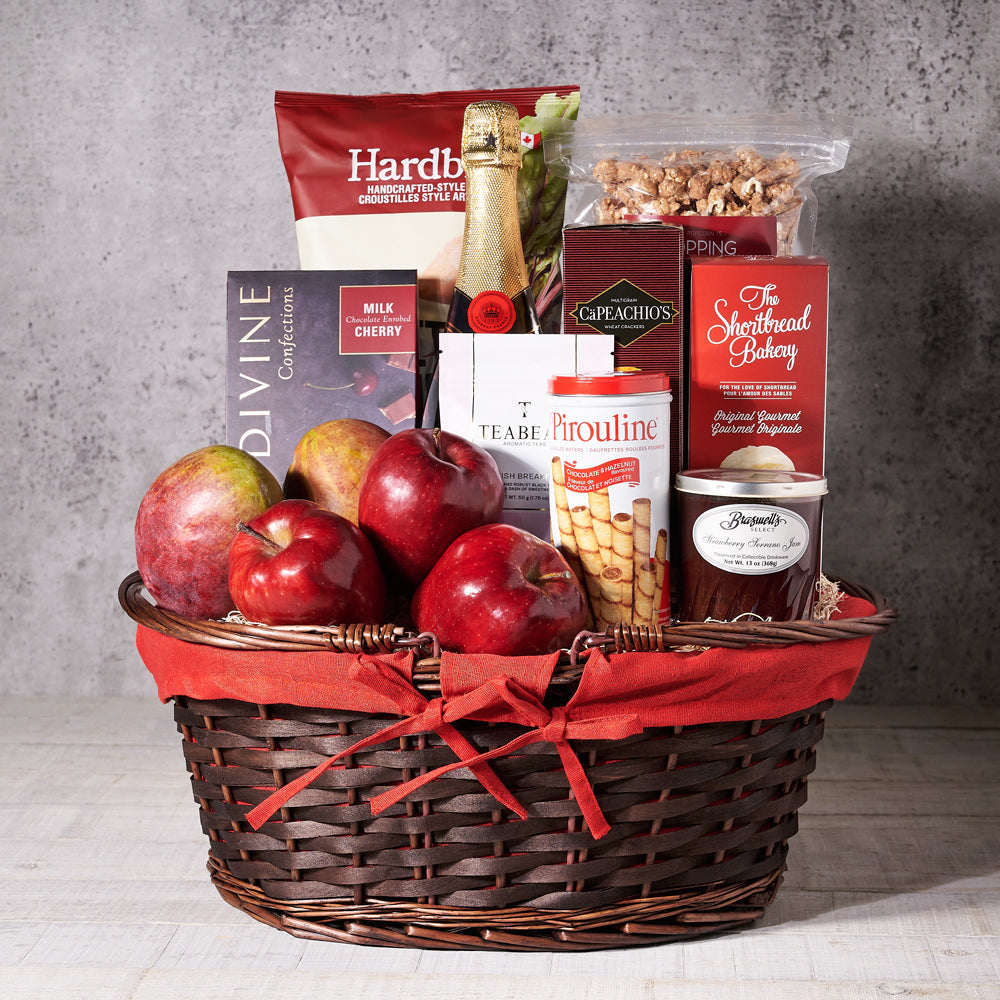 The Burgundy Champagne Gift Basket, Gourmet Gift Baskets, Champagne Gift Baskets, Fruits Gift Baskets, Crackers, Snacks, Cookies, Popcorn, Chocolates, Chips