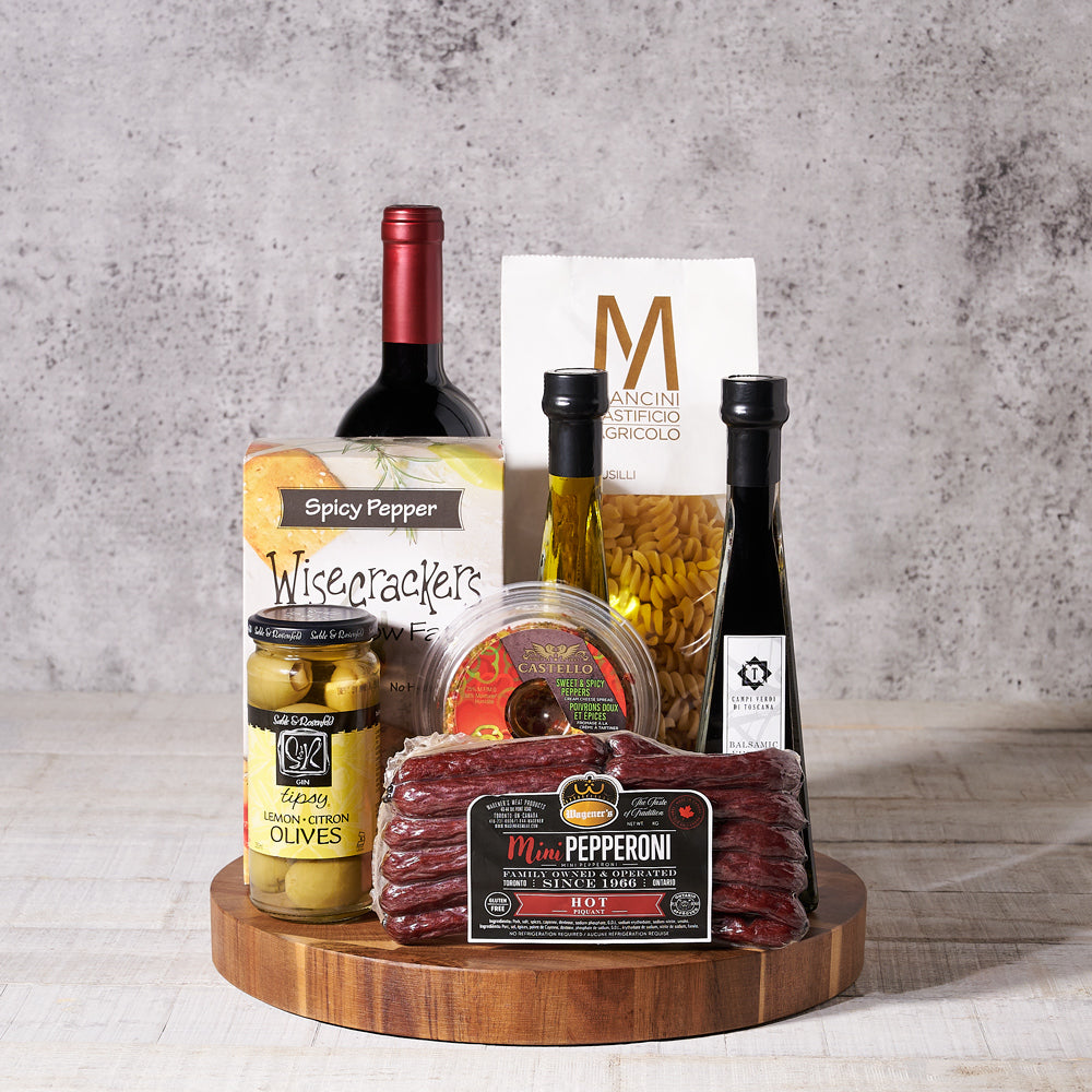 Hot Pepper, Pasta & Wine Gift Set, Gourmet Gift Baskets, Wine Gift Baskets, Crackers, Salami, Cheese, Olives, Pasta