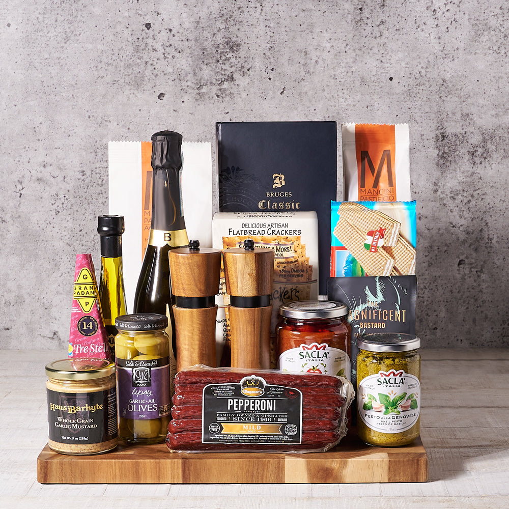 chocolate, cutting board, Italian, Pasta, cheese, espresso beans, champagne, Champagne Gift Basket, gourmet gifts, gourmet gift basket, gourmet, champagne gift basket delivery, delivery champagne gift basket delivery, gift basket