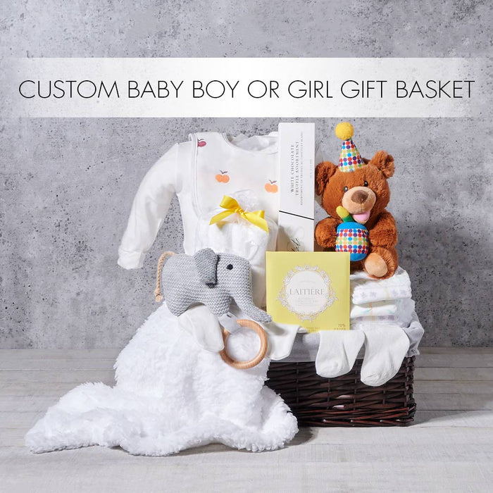The Custom Baby Boy or Girl Gift Basket from Hazelton's is a wonderful way to celebrate the birth of a new baby, no matter the result, USA delivery
