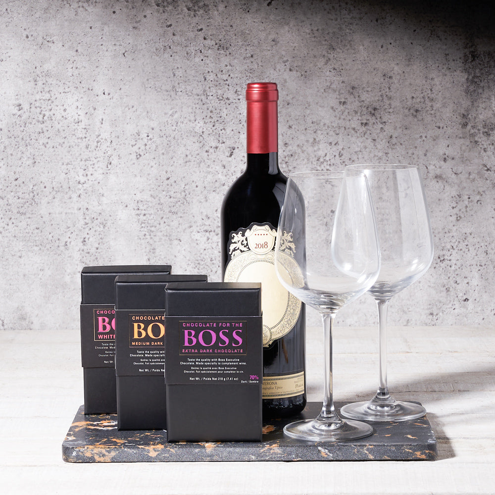 Elegant Wine Basket Featuring BOSS Chocolate Bars and Marble Serving Board – how the gift is presented
