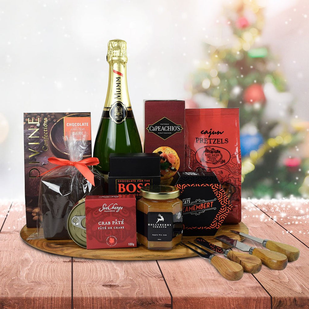 Holiday Season Champagne Gift Basket Featuring Artisan Chocolates and Crab Pate – how the gift is presented