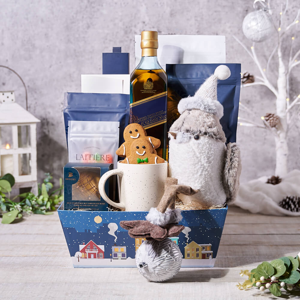 Liquor Holiday Gift Basket with Treats – how the gift is presented