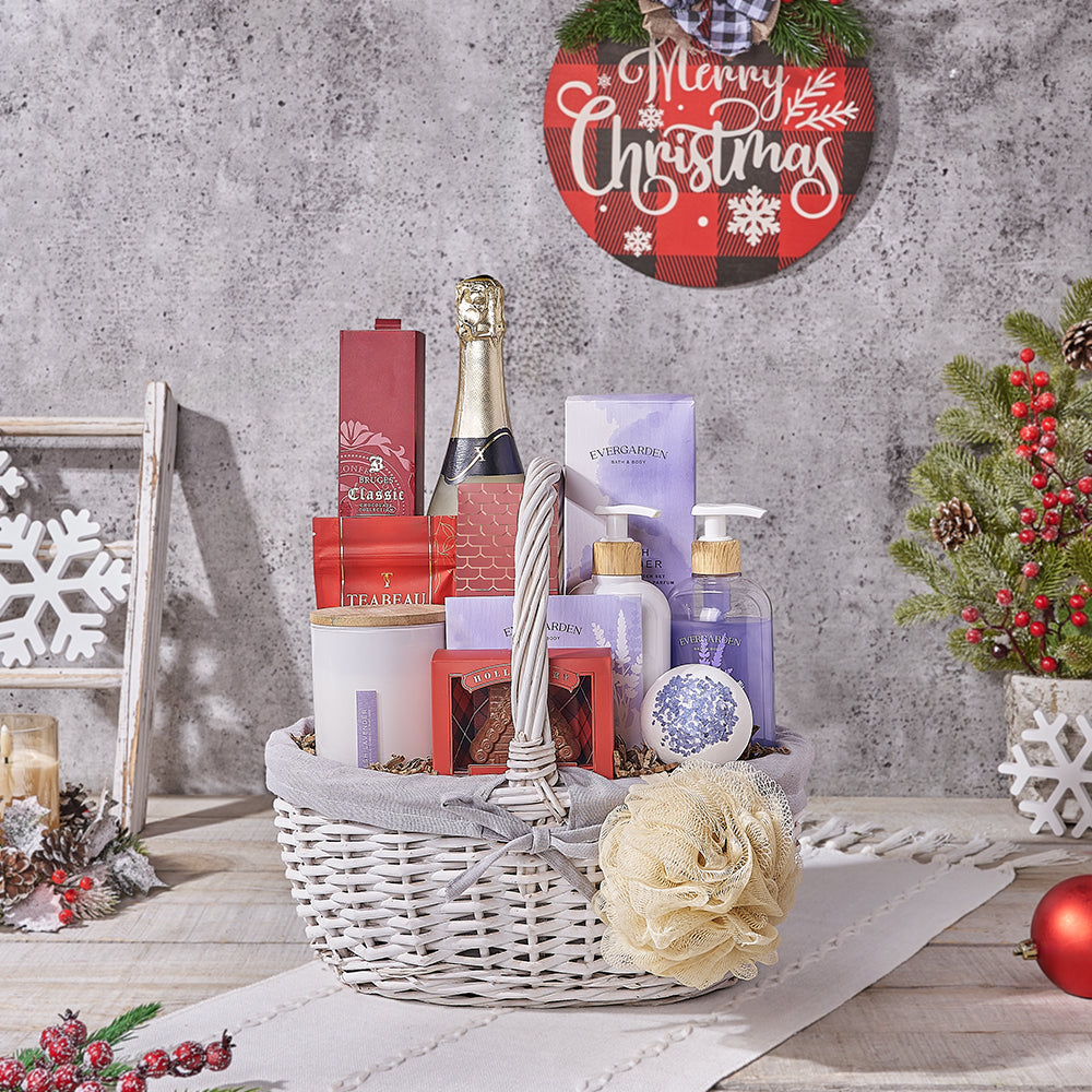 Lavender Spa Basket with Sparkling Wine and Gourmet Treats – how the gift is presented