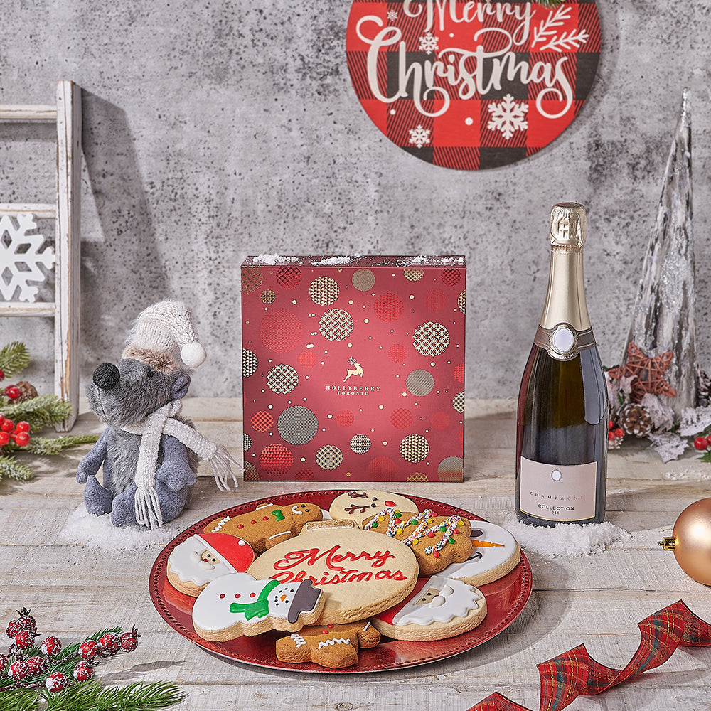 Sparkling Wine Basket with Holiday Cookies – how the gift is presented