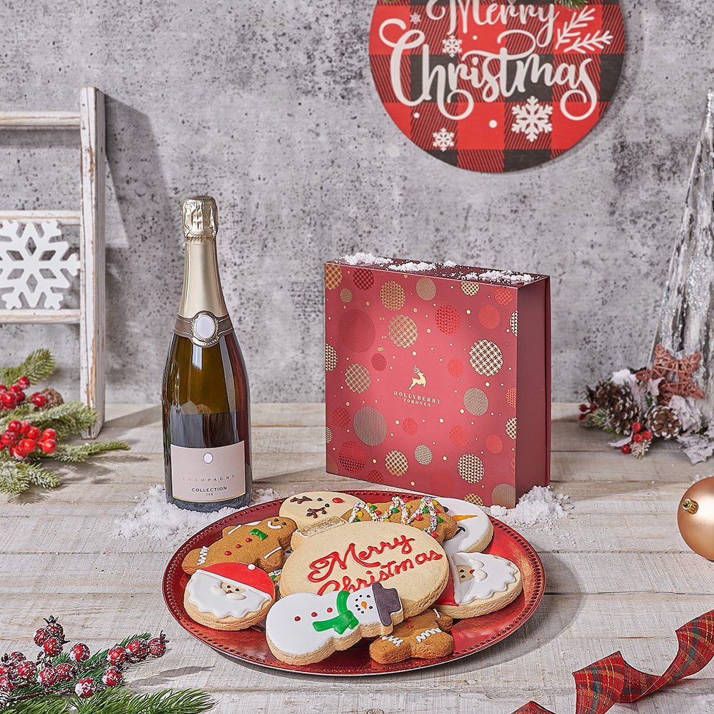 Sparkling Wine Basket with Hollyberry Cookies – how the gift is presented