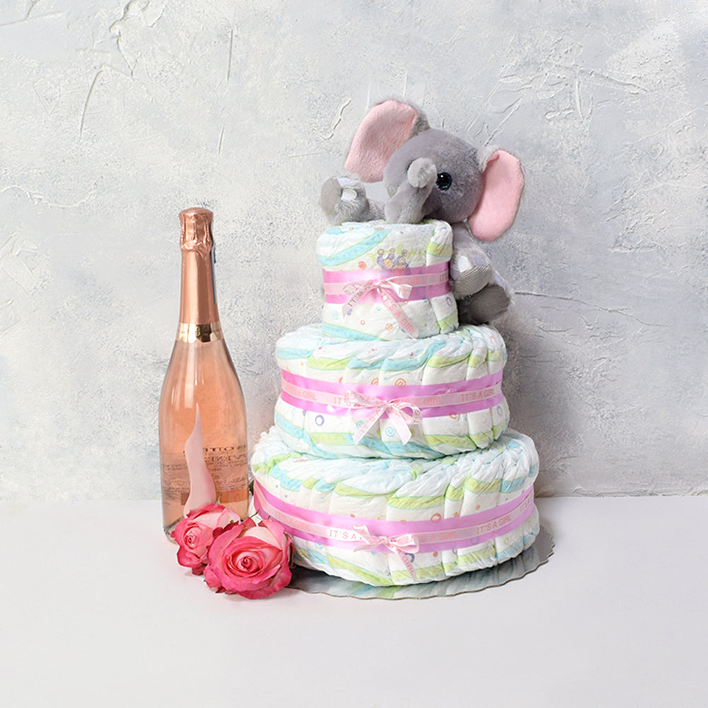 Sparkling Wine Gift Basket with Plush Elephant and Diaper Cake – how the gift is presented