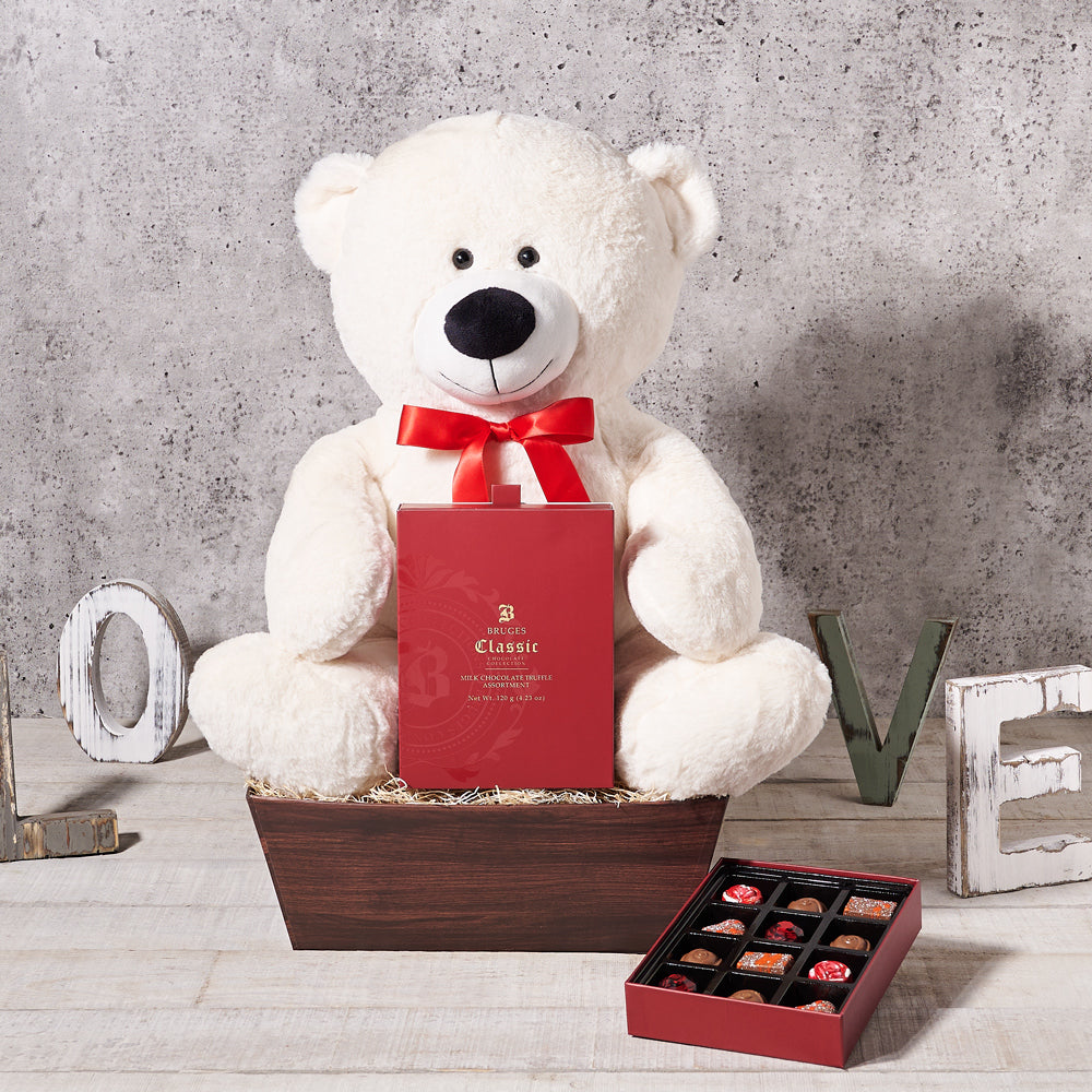 Red Truffle Box with Plush Bear – how the gift is presented