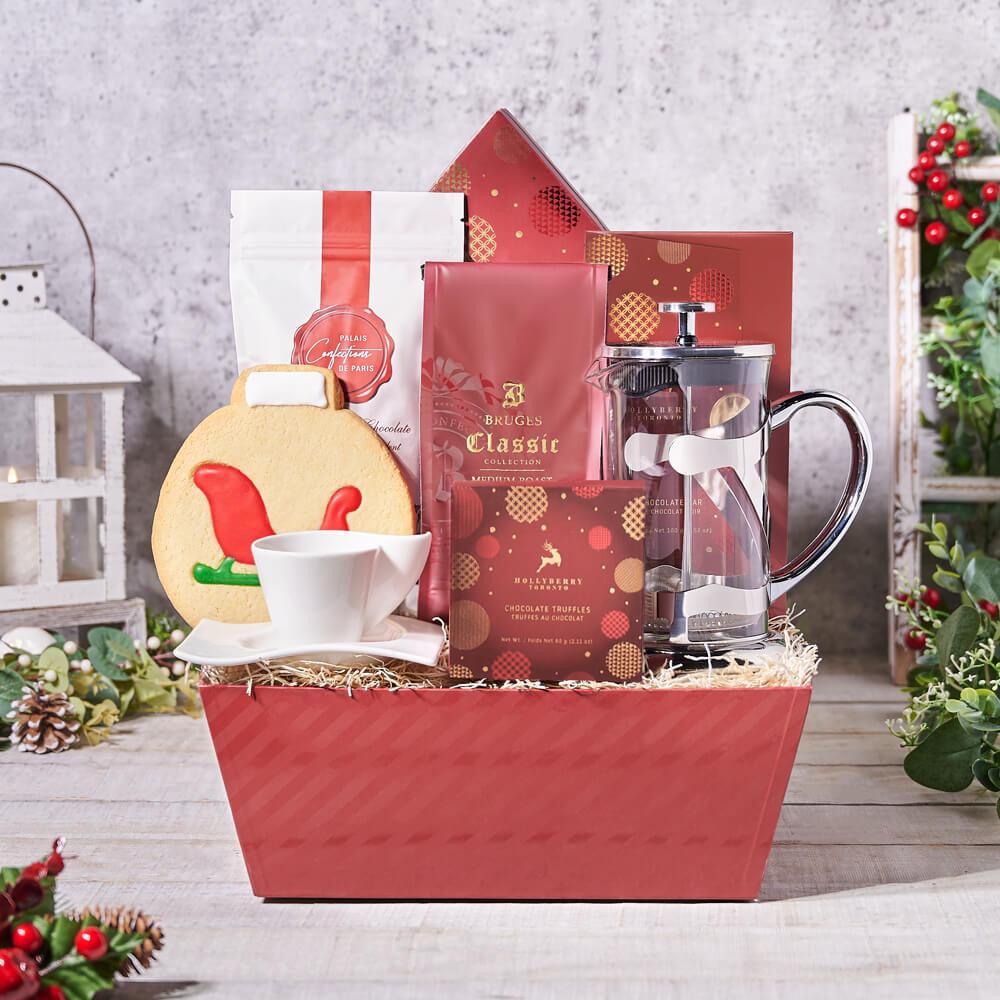 Holiday Coffee Chocolate Gourmet Basket – how the gift is presented