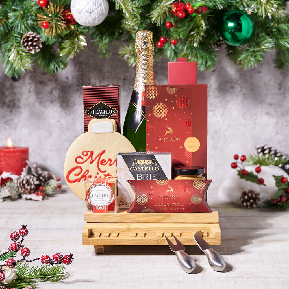 Sparkling Wine Gift Basket Featuring Artisan Cheese and Chocolates – how the gift is presented