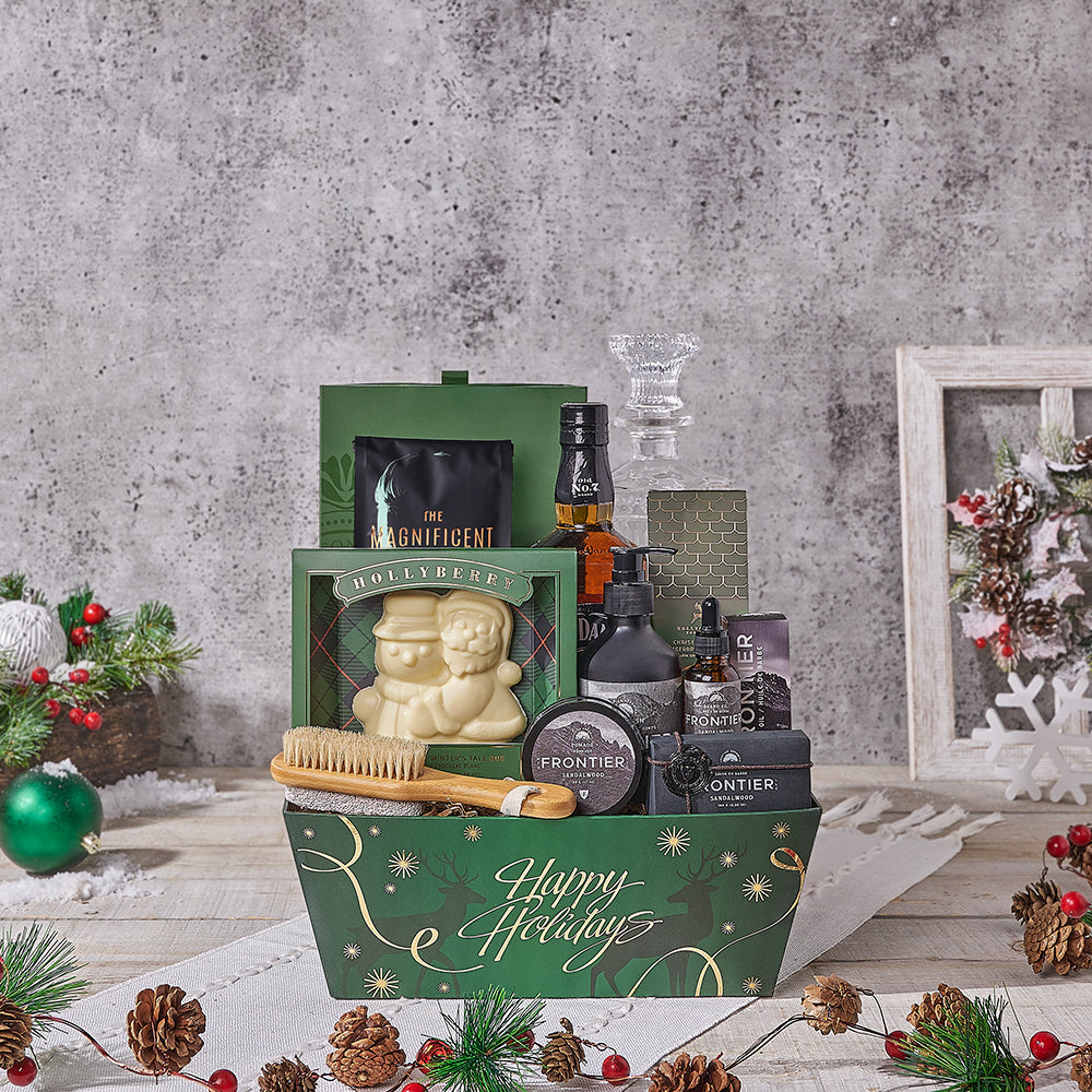 Whiskey with White Chocolate Holiday Basket – how the gift is presented