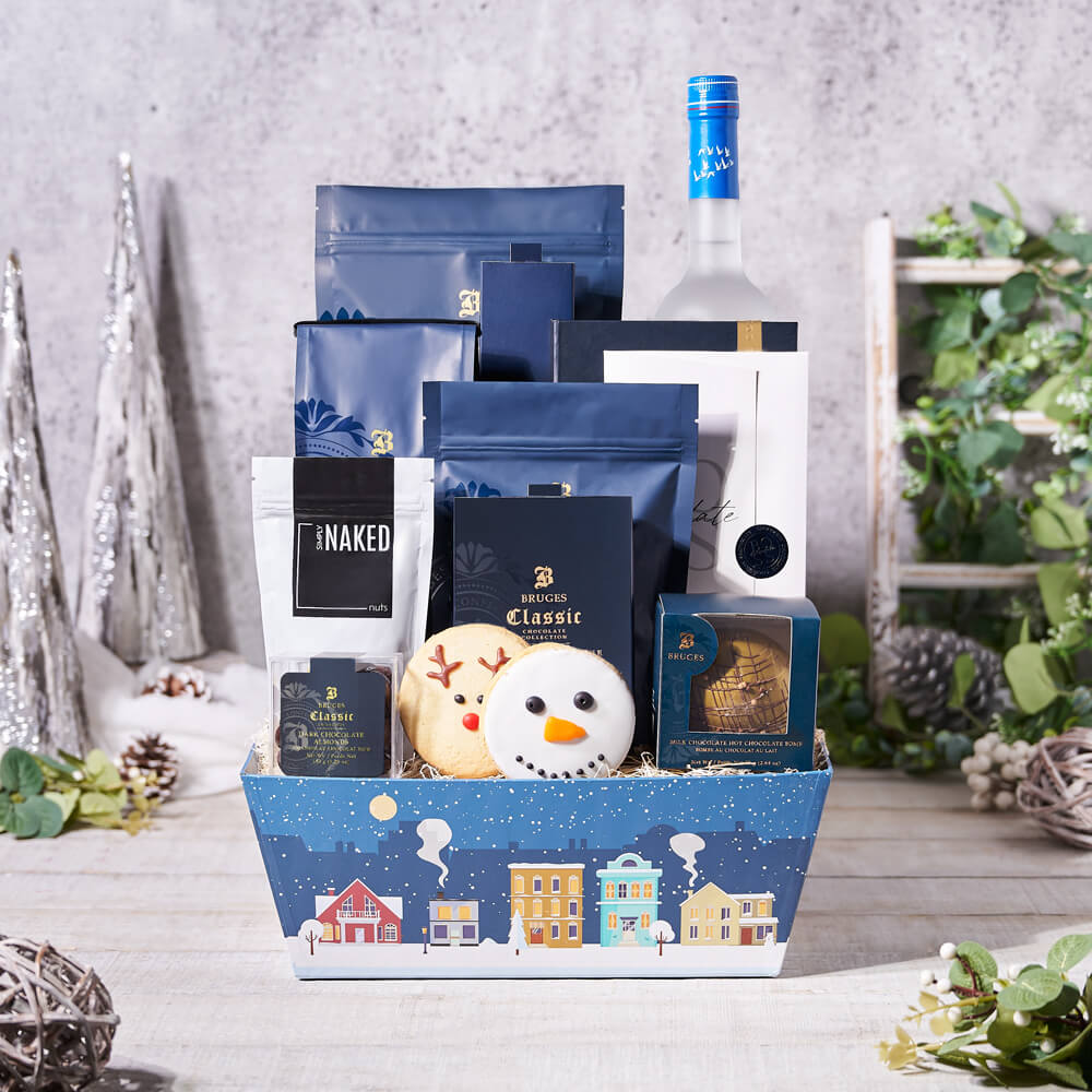 Deluxe Vodka and Gourmet Chocolate Holiday Market Tray Gift Basket – how the gift is presented