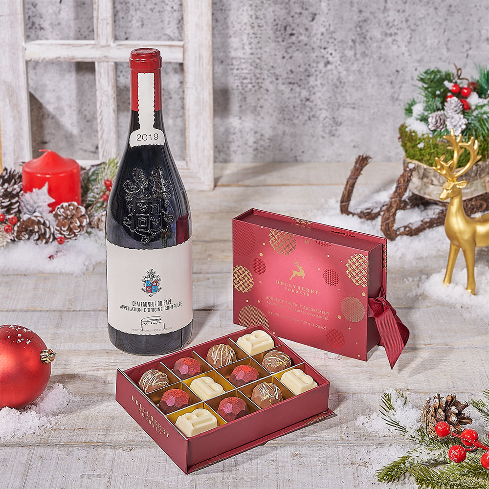 Wine and Hollyberry Chocolate Basket – how the gift is presented
