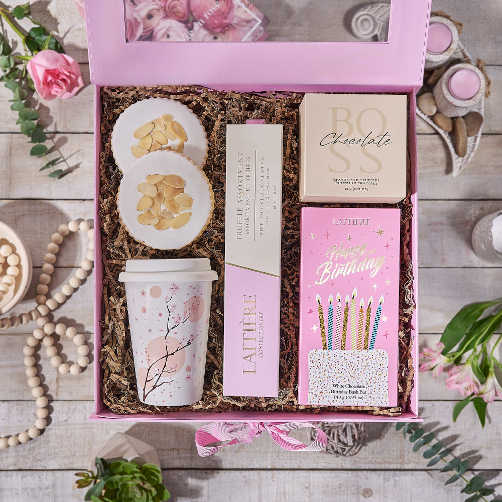 Birthday White Chocolate and Truffles Gift Basket – how the gift is presented