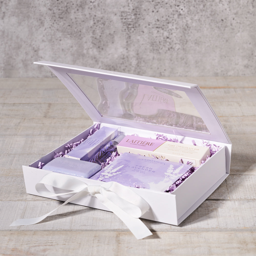 Fresh Lavender Spa Gift Box, Valentine's Day gifts, spa gifts, Bath Salts, Soap, Perfume Roller, Chocolates