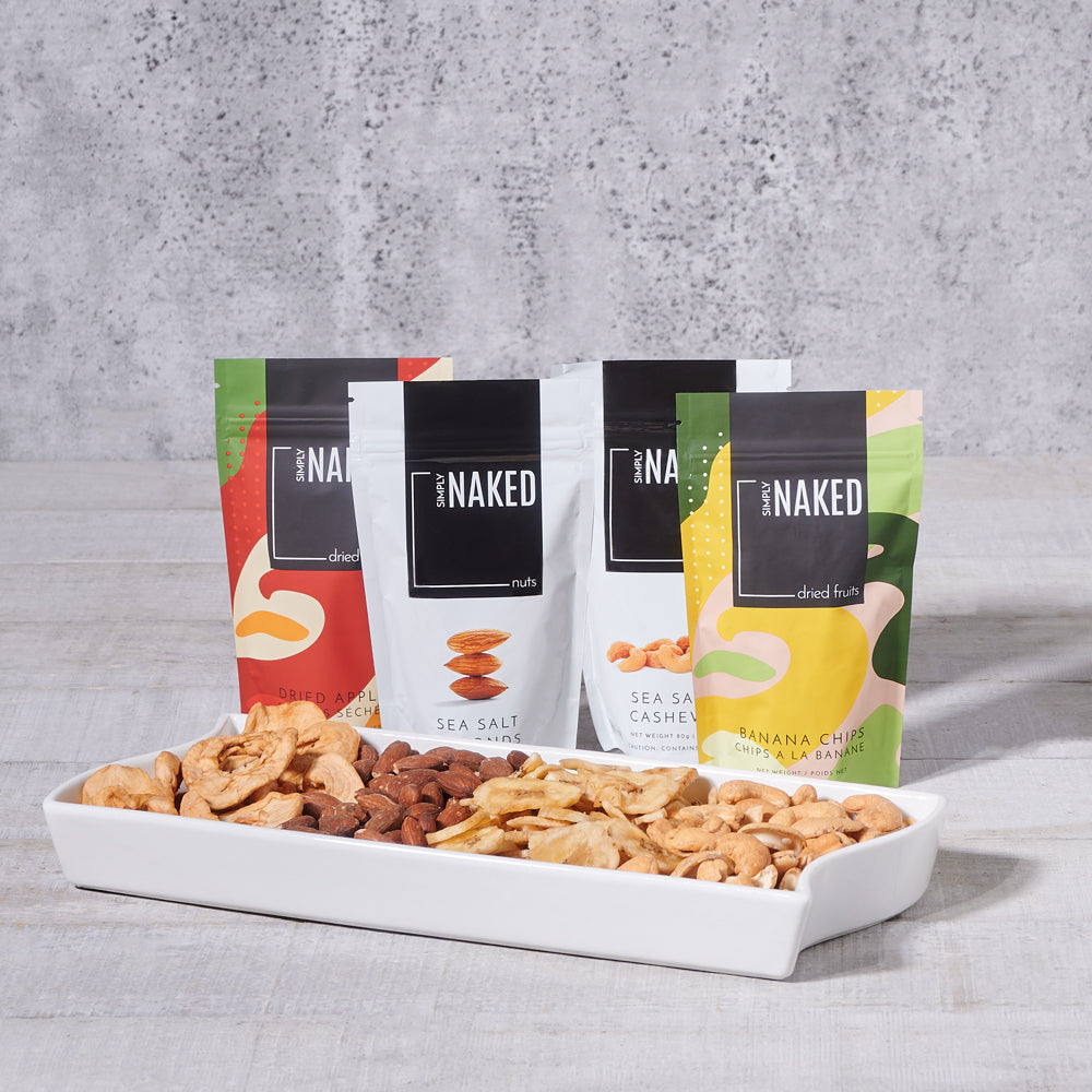 Simply Naked Nuts and Fruit Basket – how the gift is presented