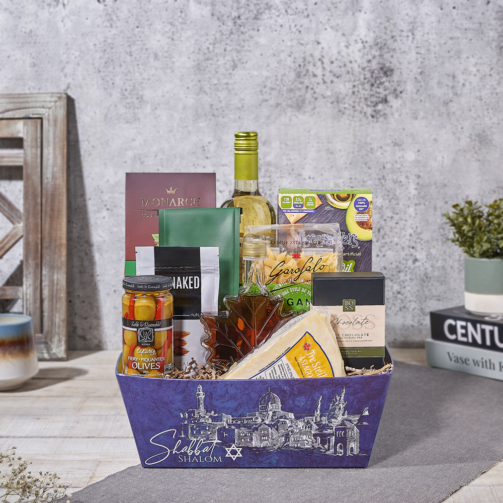 Kosher Hanukkah Wine Basket with Treats – how the gift is presented