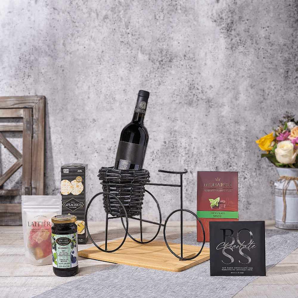 Kosher Wine Gift Basket Bicycle – how the gift is presented