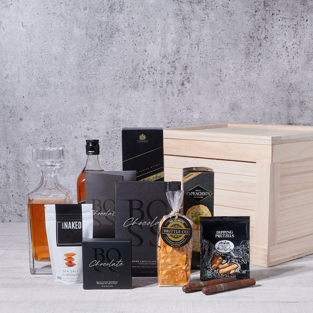 Liquor Lover's Decanter & Treats Crate – how the gift is presented
