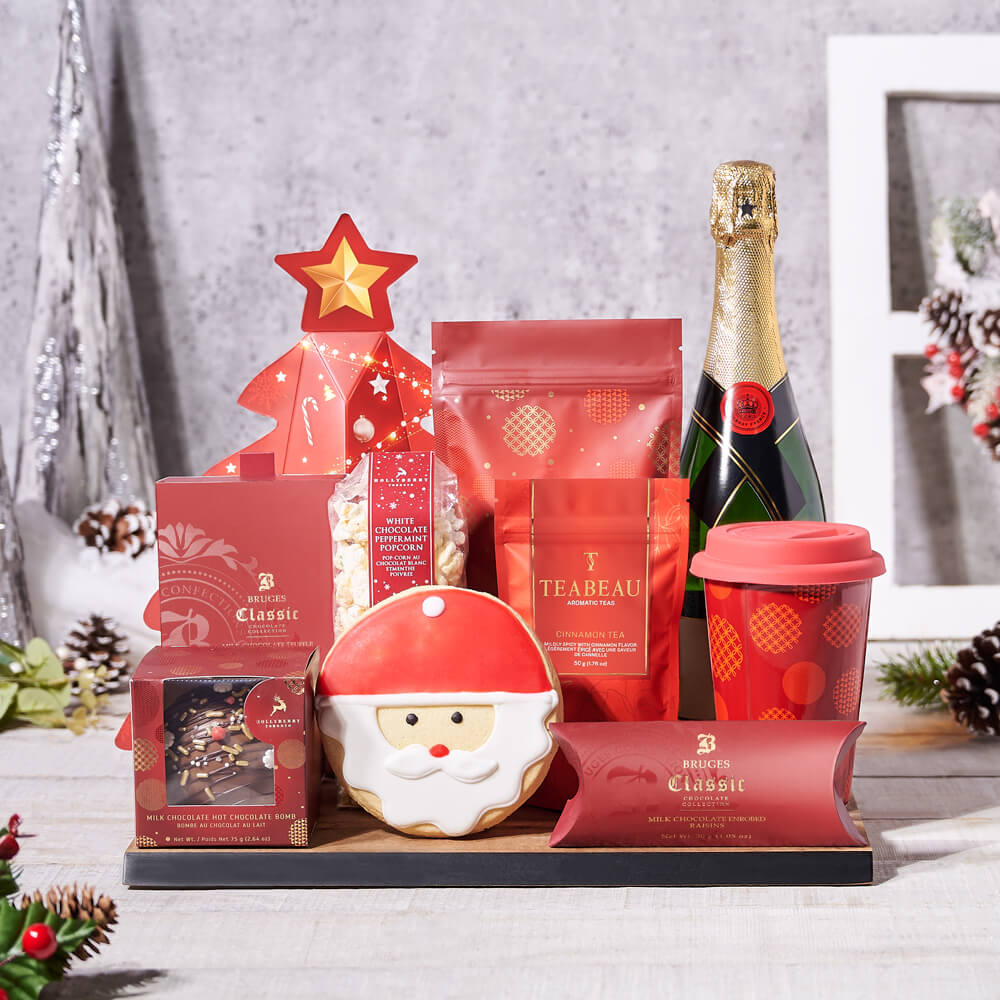 Holiday Sparkling Wine Gift Basket Featuring Gourmet Treats and Serving Board – how the gift is presented