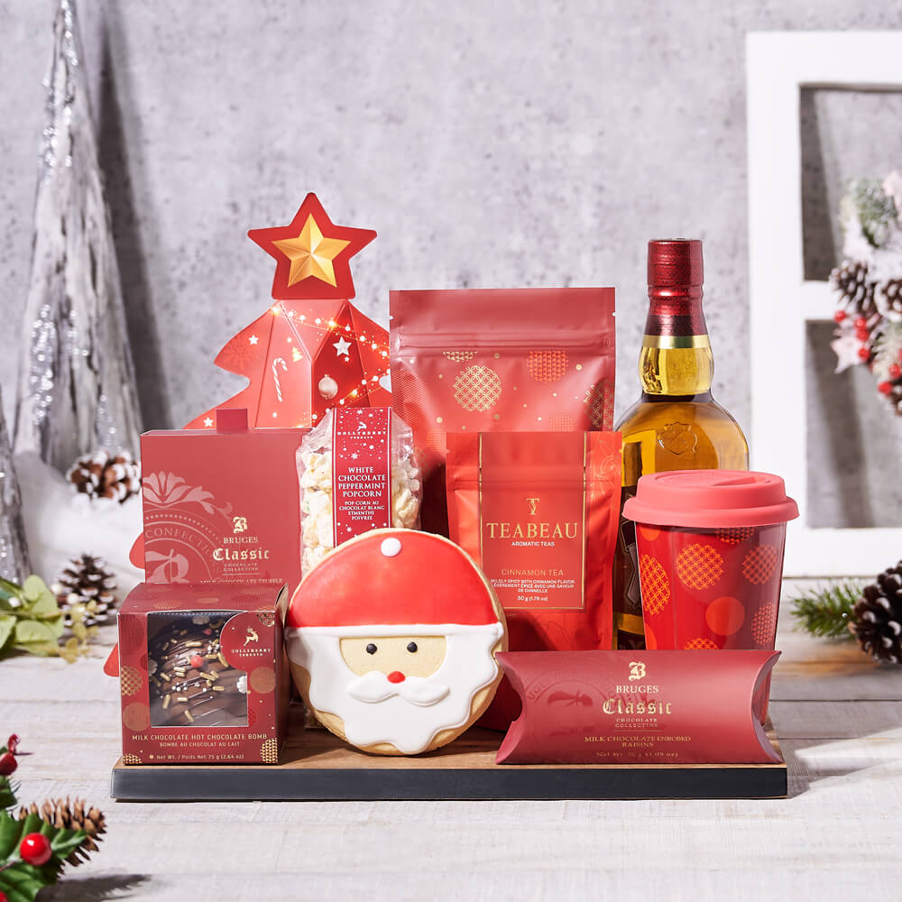 Liquor Gift Basket with Holiday Treats – how the gift is presented