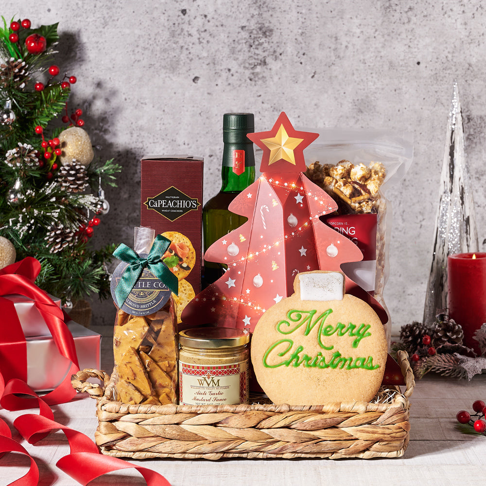 Holiday Whiskey and Gourmet Snacks Gift Basket in Woven Tray – how the gift is presented