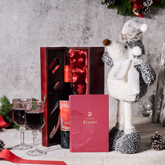 Winter Wine & Chocolate Holiday Gift Set, Christmas Gift Baskets, Wine Gift Baskets, Gourmet Gift Baskets, Xmas Gifts, Plushy, Chocolate, Wine