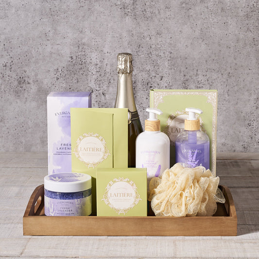 chocolate truffles,  chocolate,  bath,  bath & body,  lotion,  lavender,  sparkling wine,  spa gift,  Spa,  Set 24061-2021, spa gift basket delivery, delivery spa gift basket, sparkling wine basket , USA Delivery