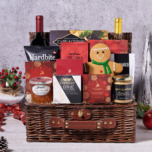 Ample Wine Christmas Gift Basket, chocolate, wine, wine gift basket, gift basket, basket, gift, goodies, Christmas, holiday, pretzel, popcorn, chips, shortbread, cookies, delivery
