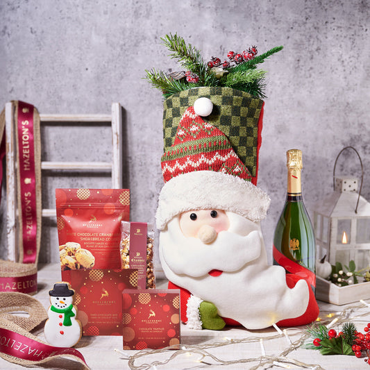 Santa’s Stocking Gift Set With Champagne, gourmet,  christmas,  Christmas set,  Christmas Cookie,  chocolate,  Popcorn,  champagne gift set,  Set 23962-2021,  xmas2018,  Pretzels,  cookies,  champagne, champagne gift set delivery, delivery champagne gift set