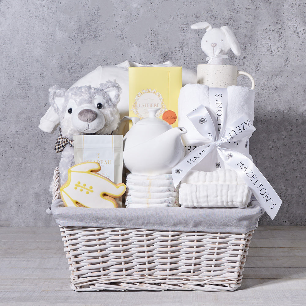 Custom baby gift basket assembled with customer-selected products and additions