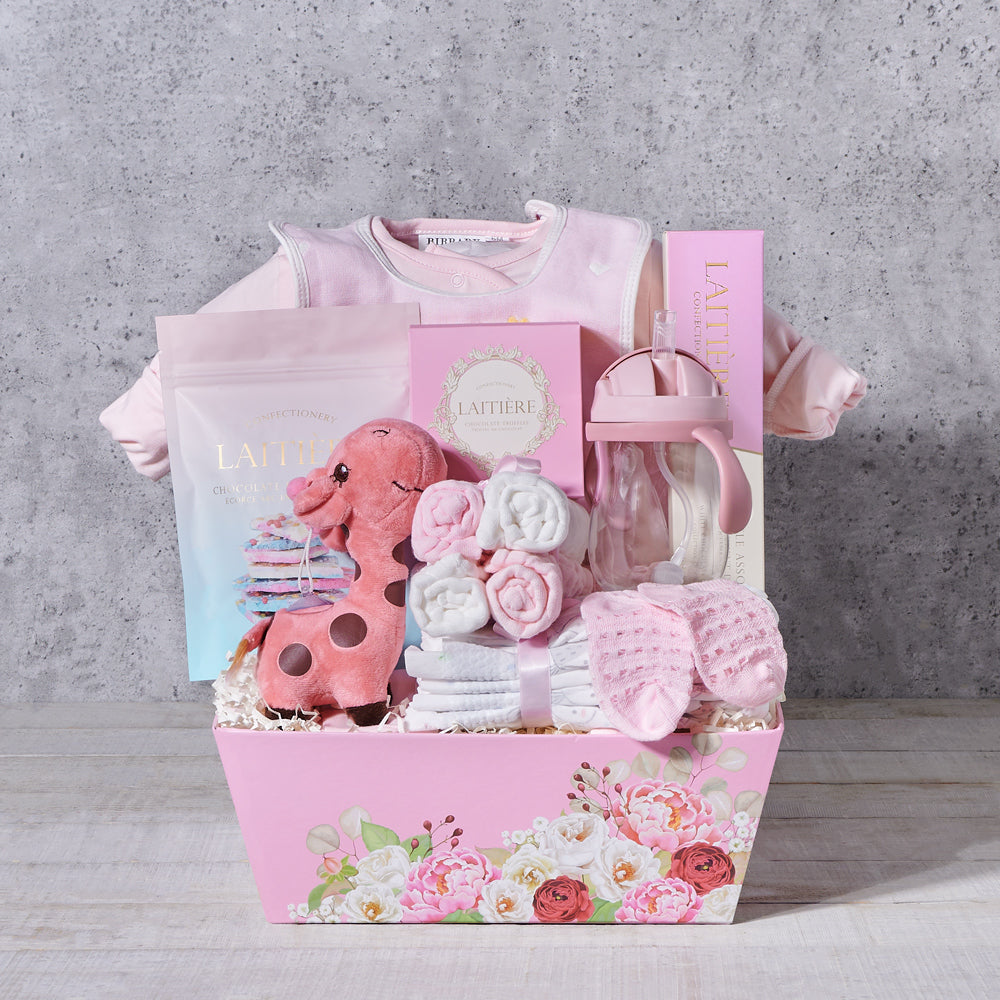 Pink Floral Baby Girl Basket – how the gift is presented