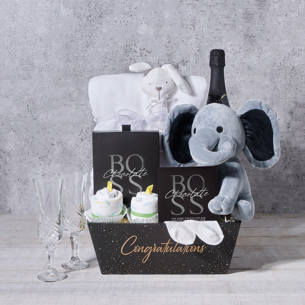 Baby Gift Set with Plush Elephant, Soft Blanket & Sparkling Wine – how the gift is presented