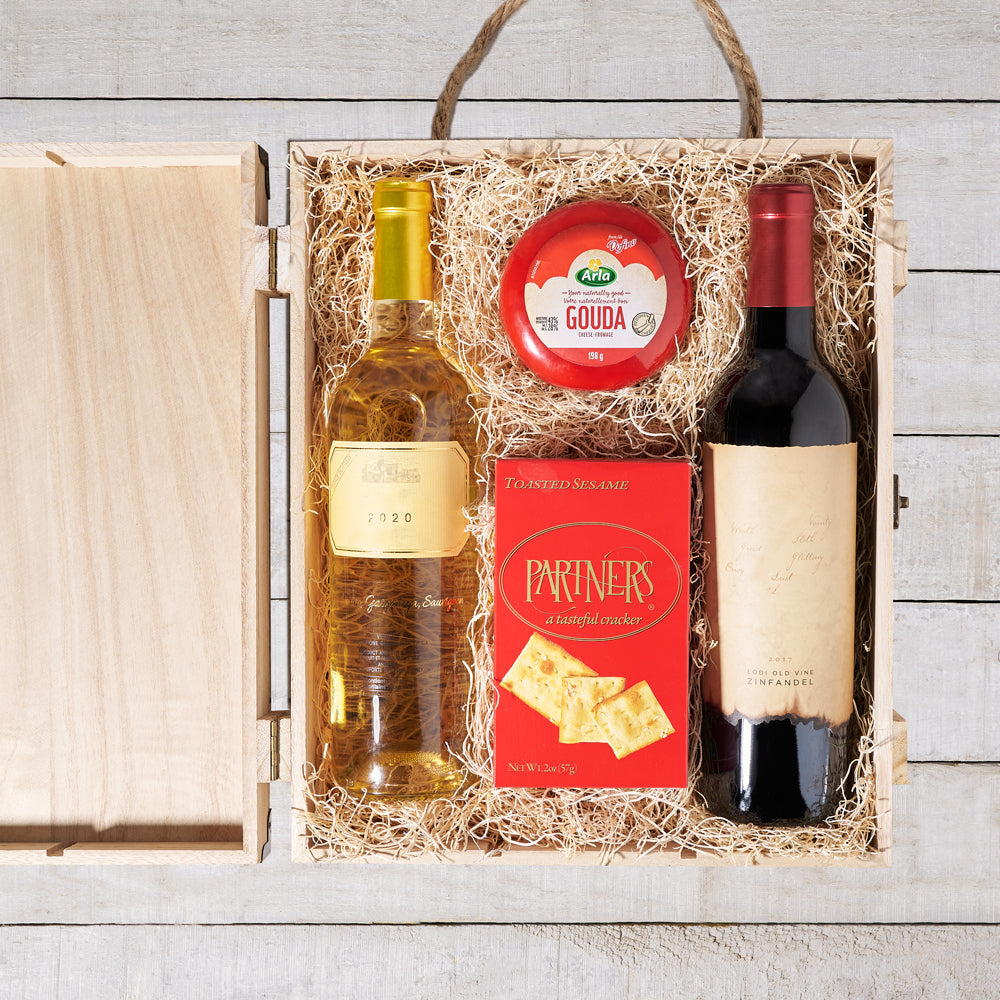 Two-Bottle Wine Gift Box with Gouda – how the gift is presented