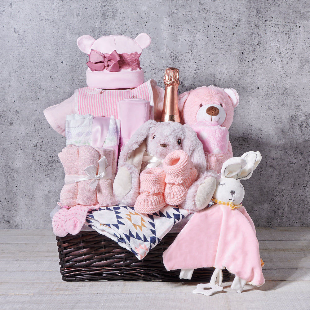 Classic Wicker Gift Basket with Sparkling Wine for New Baby Girl Gift – how the gift is presented