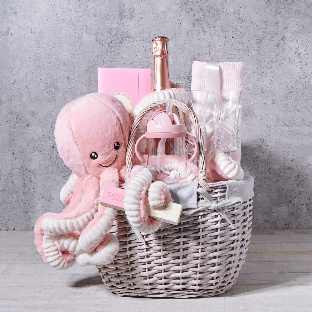 Premium Sparkling Wine Gift with Baby Blanket and Pink Plush Octopus – how the gift is presented