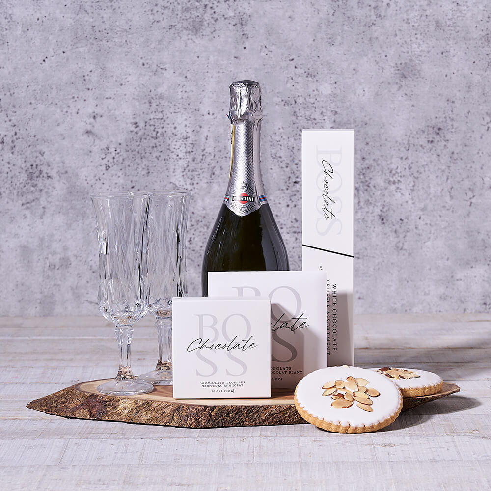 Sparkling Wine Featuring Live Edge Board – how the gift is presented