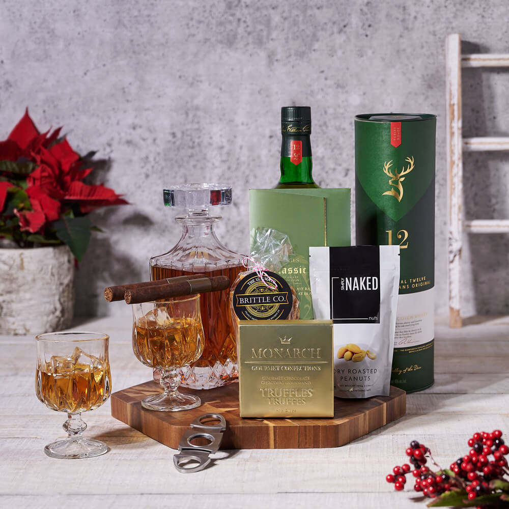 Whiskey Basket with Truffles and Nuts – how the gift is presented