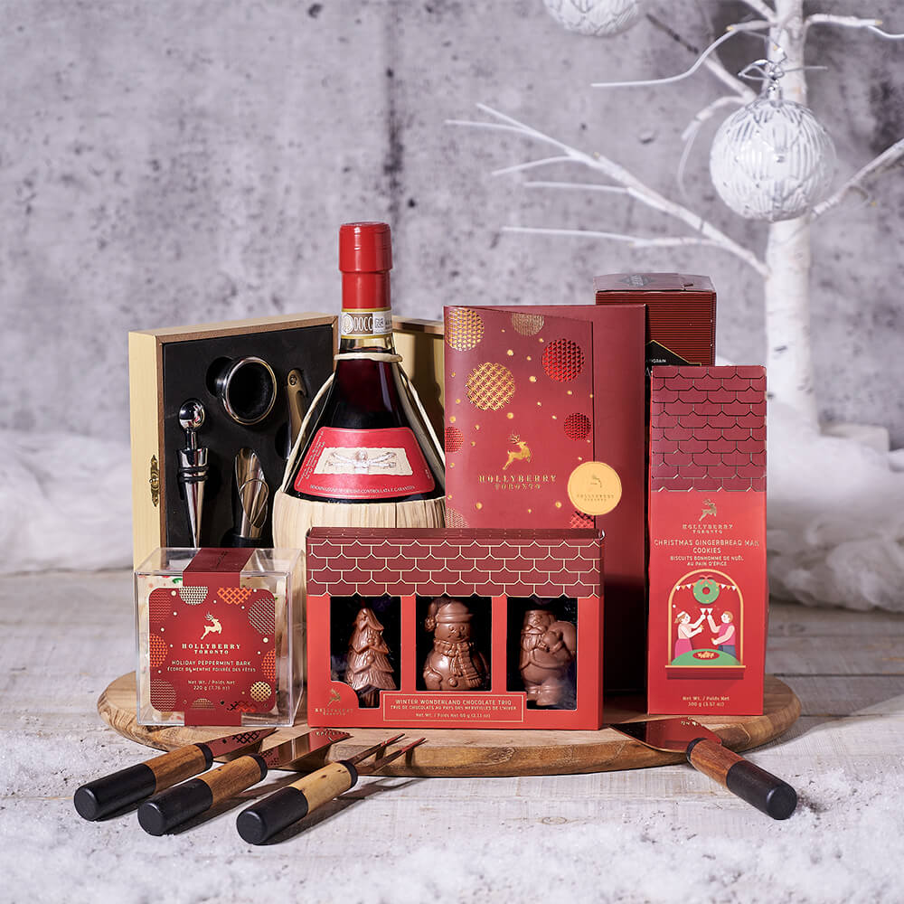 Holiday Wine and Chocolate Gift Basket, USA – how the gift is presented
