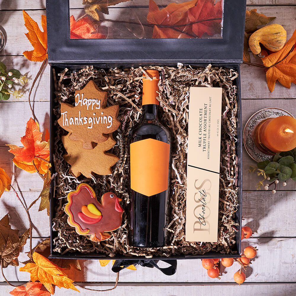 Premium Wine with Handmade Thanksgiving Cookies and Truffles Gift Box – how the gift is presented