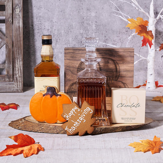 The Thanksgiving Spirits & Snacks Platter, liquor gift, liquor, gourmet gift, gourmet, decanter gift, decanter, thanksgiving gift, thanksgiving, fall gift, 