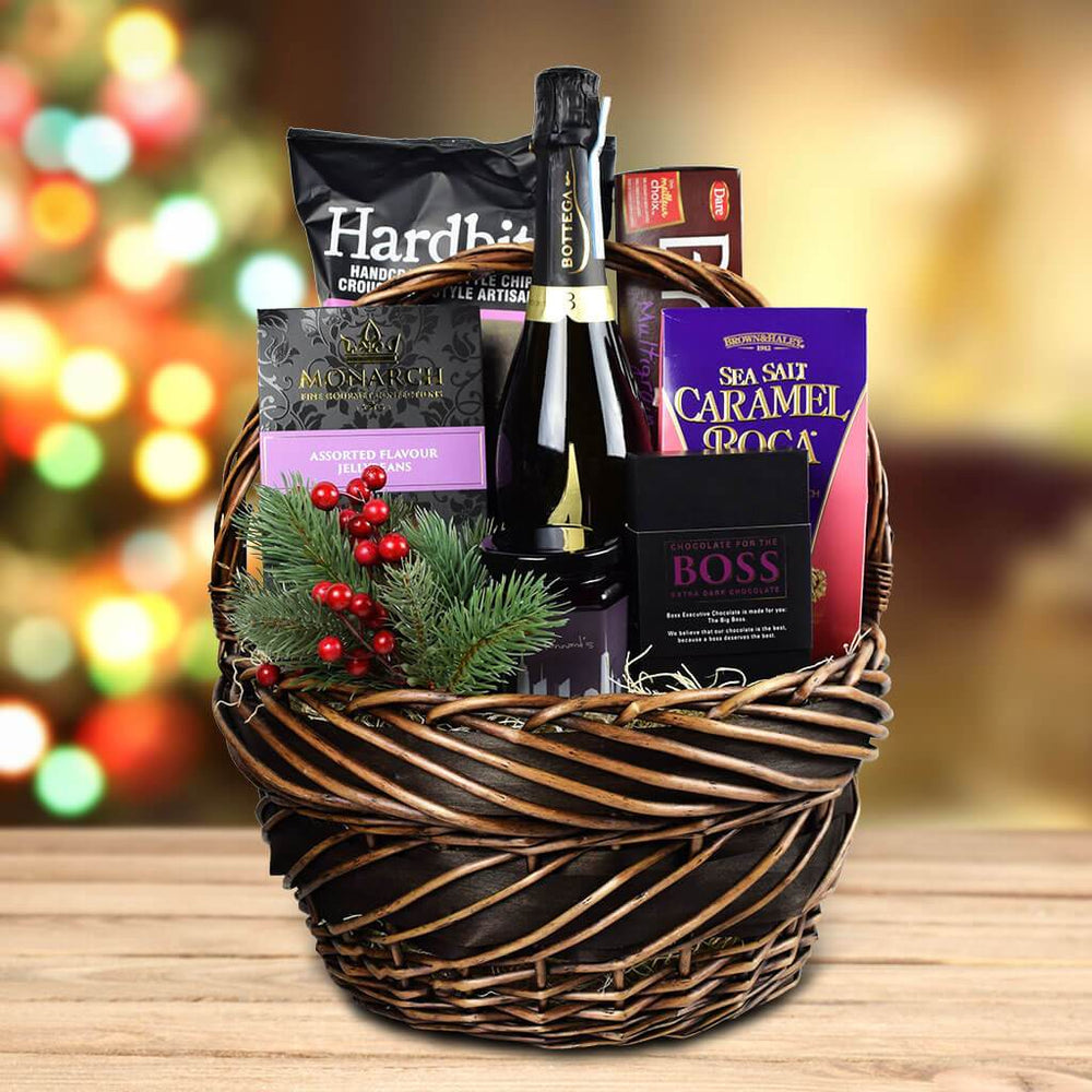 Sparkling Wine with Holiday Gourmet Treats – how the gift is presented