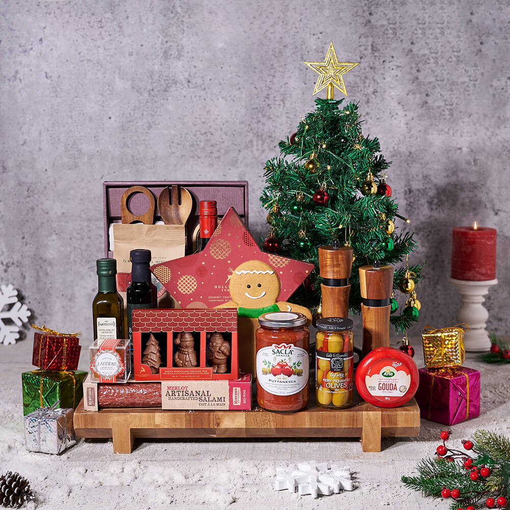 Holiday Wine Basket with Italian Delights – how the gift is presented