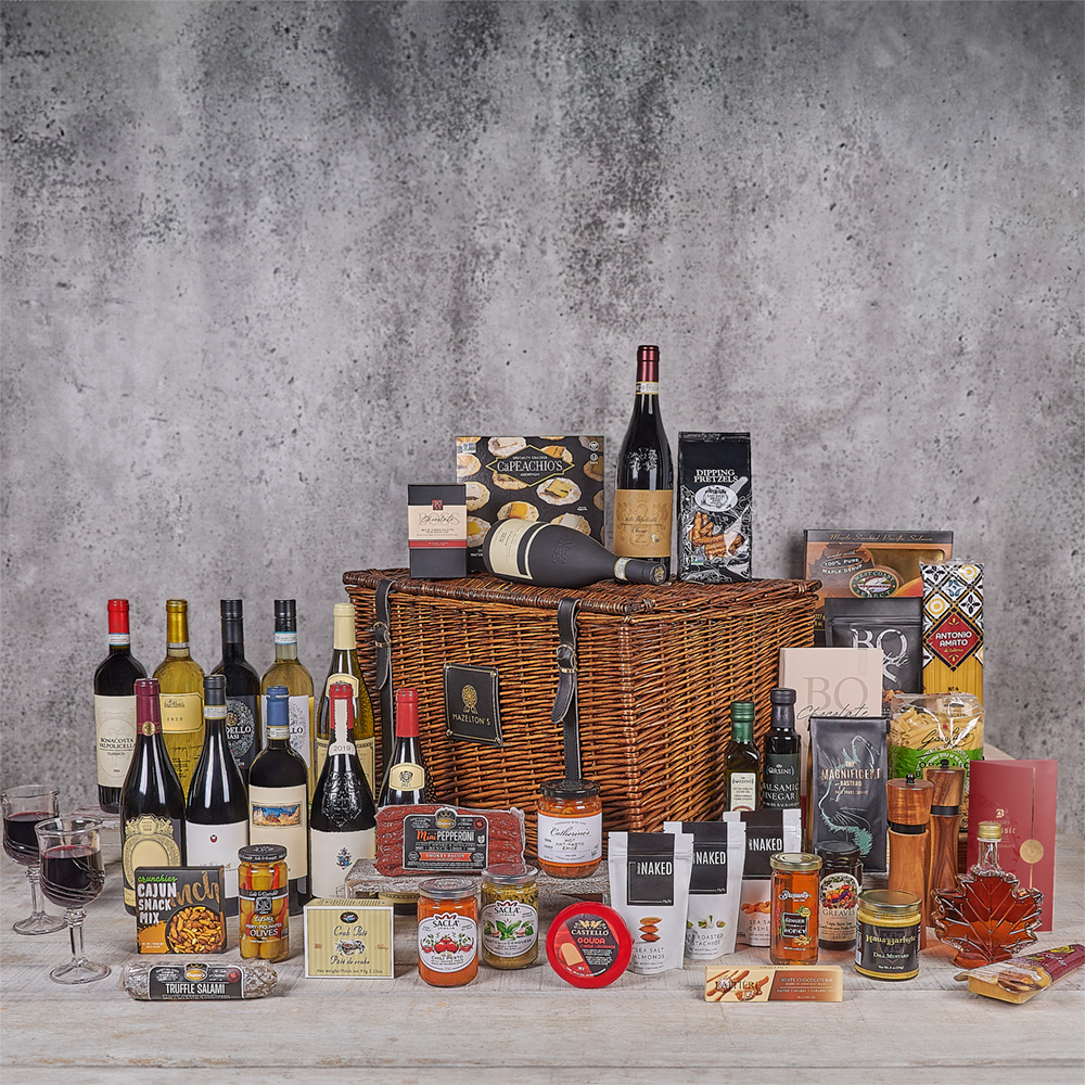 Vintage Wine Gift Basket with Fine Cheeses, Meats, and Chocolates – how the gift is presented